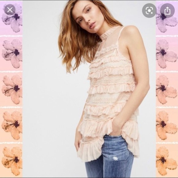 Free People One  NWT Ivory Tiered Ruffle Lace Mesh Boho Mini Dress Size Small - Picture 1 of 4